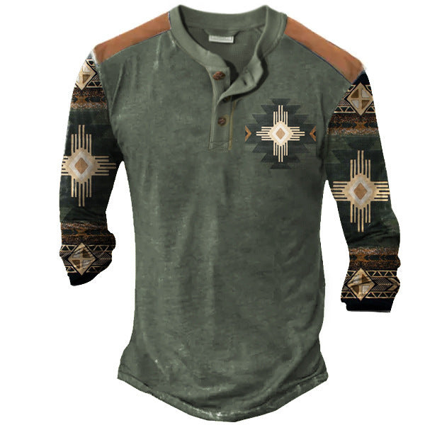 Men’s Long Sleeve Henley T-Shirt – Polyester Casual Patch Tee