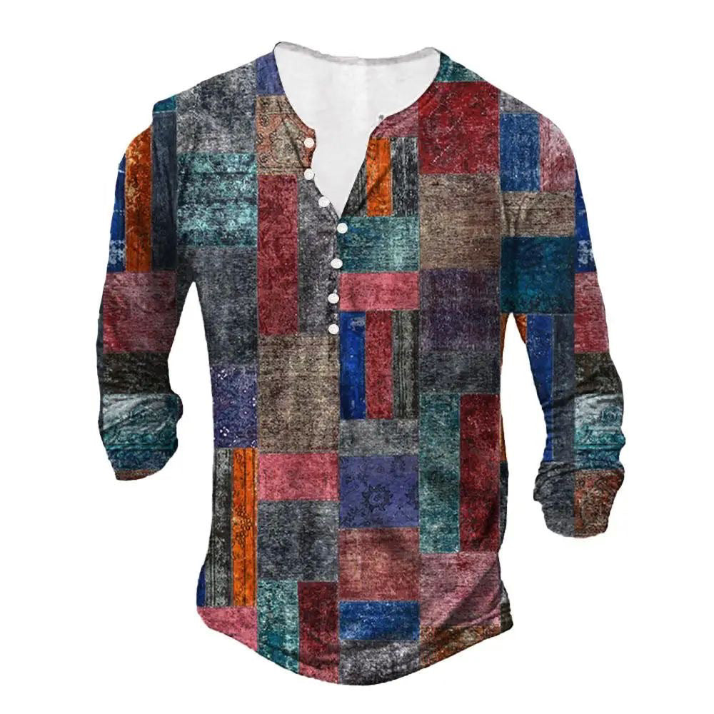 Men’s 3D Patchwork Print Long Sleeve Shirt with Buttoned Placket