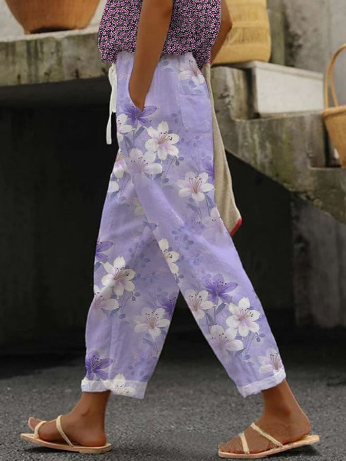 Floral Print Ankle-Length Casual Trousers for Women – All Seasons