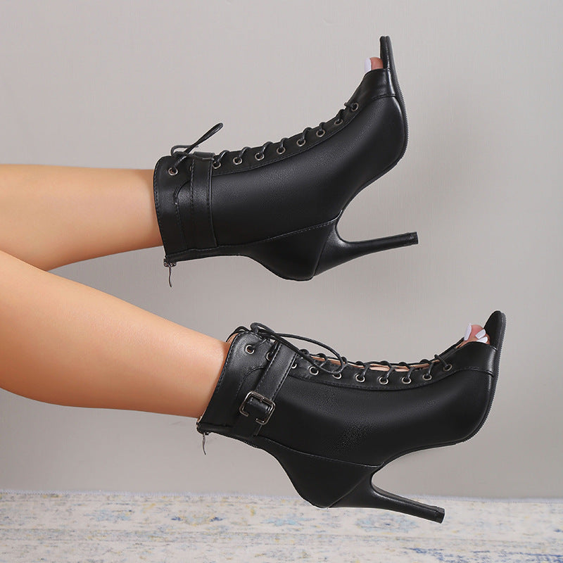 Women's Black Lace-Up Peep Toe Stiletto Heels with Buckle