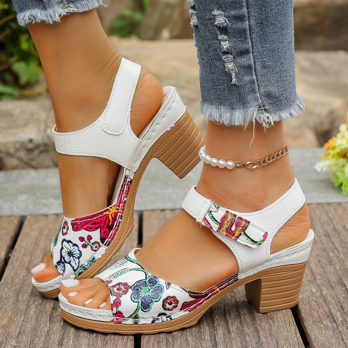 Women's Floral High Heel Velcro Sandals – Casual PU Comfort