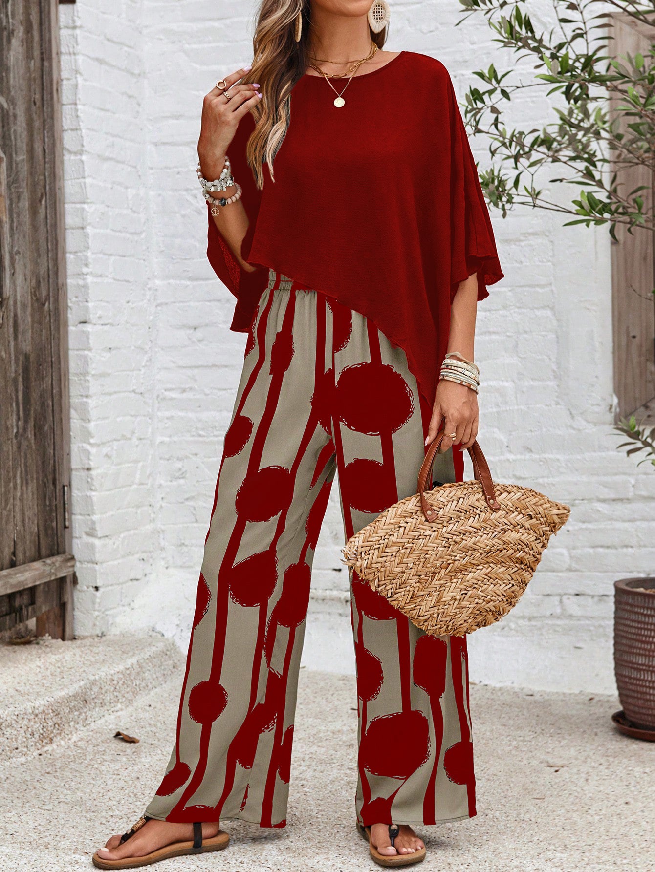 Red Abstract Two-Piece Set with Wide-Leg Pants – Women's Elegant Outfit