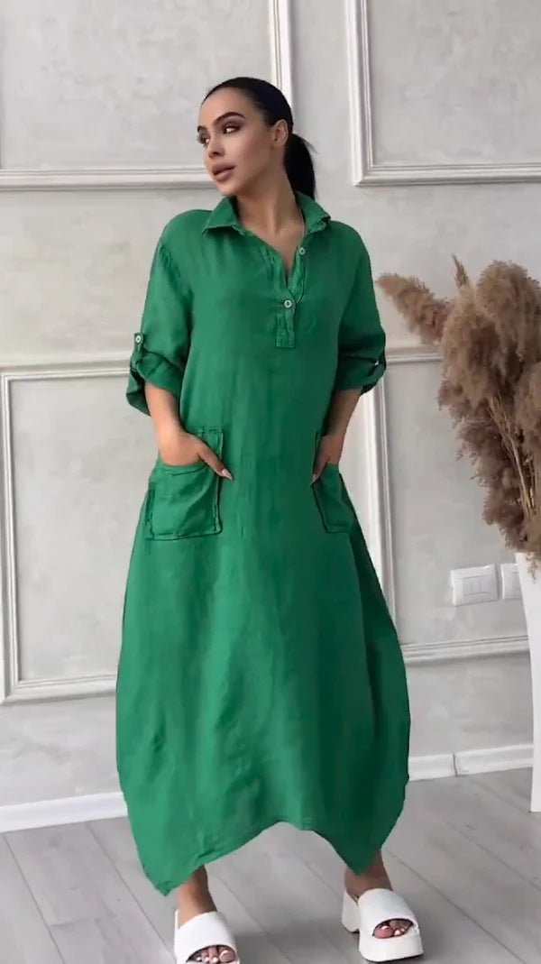 Annelin | Cotton Linen Polo Collar Pocket Dress for Women