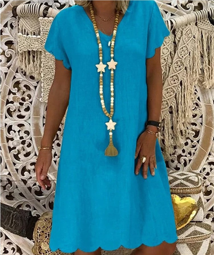 Mia | Short Sleeve V Neck Mid-Length Plain Dress for Women