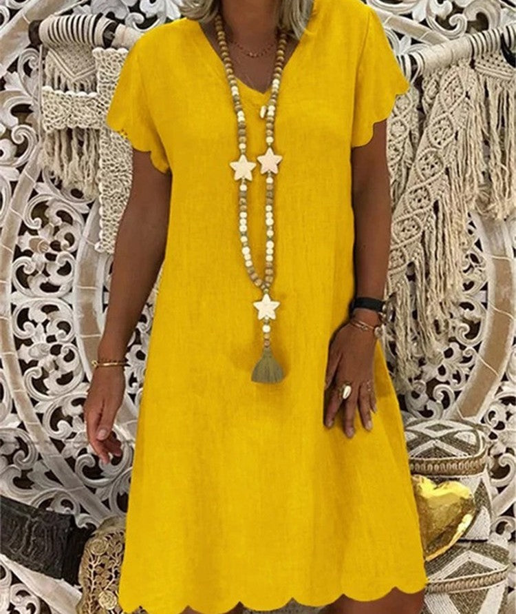 Mia | Short Sleeve V Neck Mid-Length Plain Dress for Women