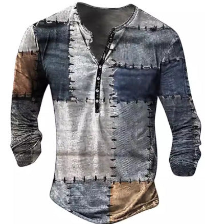 Men’s 3D Patchwork Print Long Sleeve Shirt with Buttoned Placket