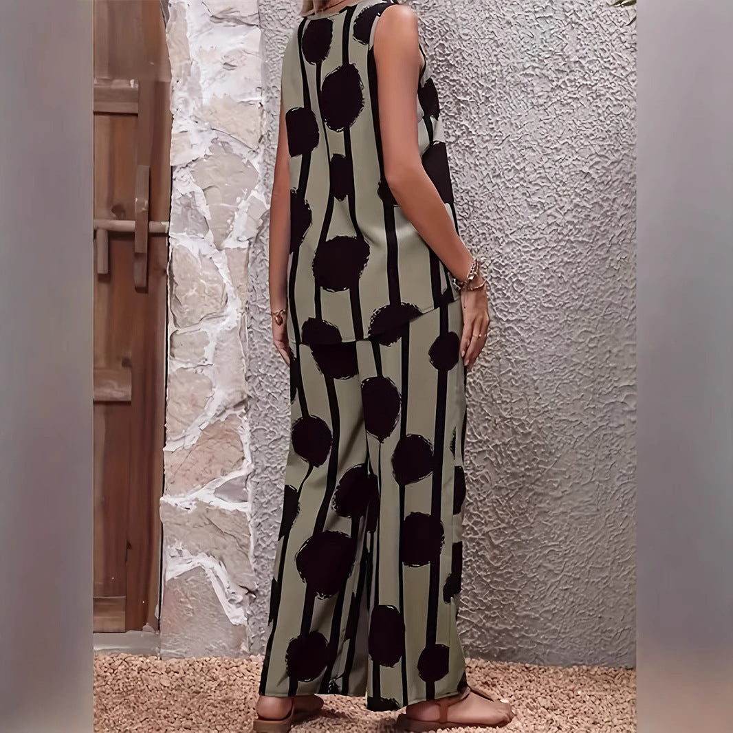 Olive Street Style Printed Sleeveless Top & Trousers Set