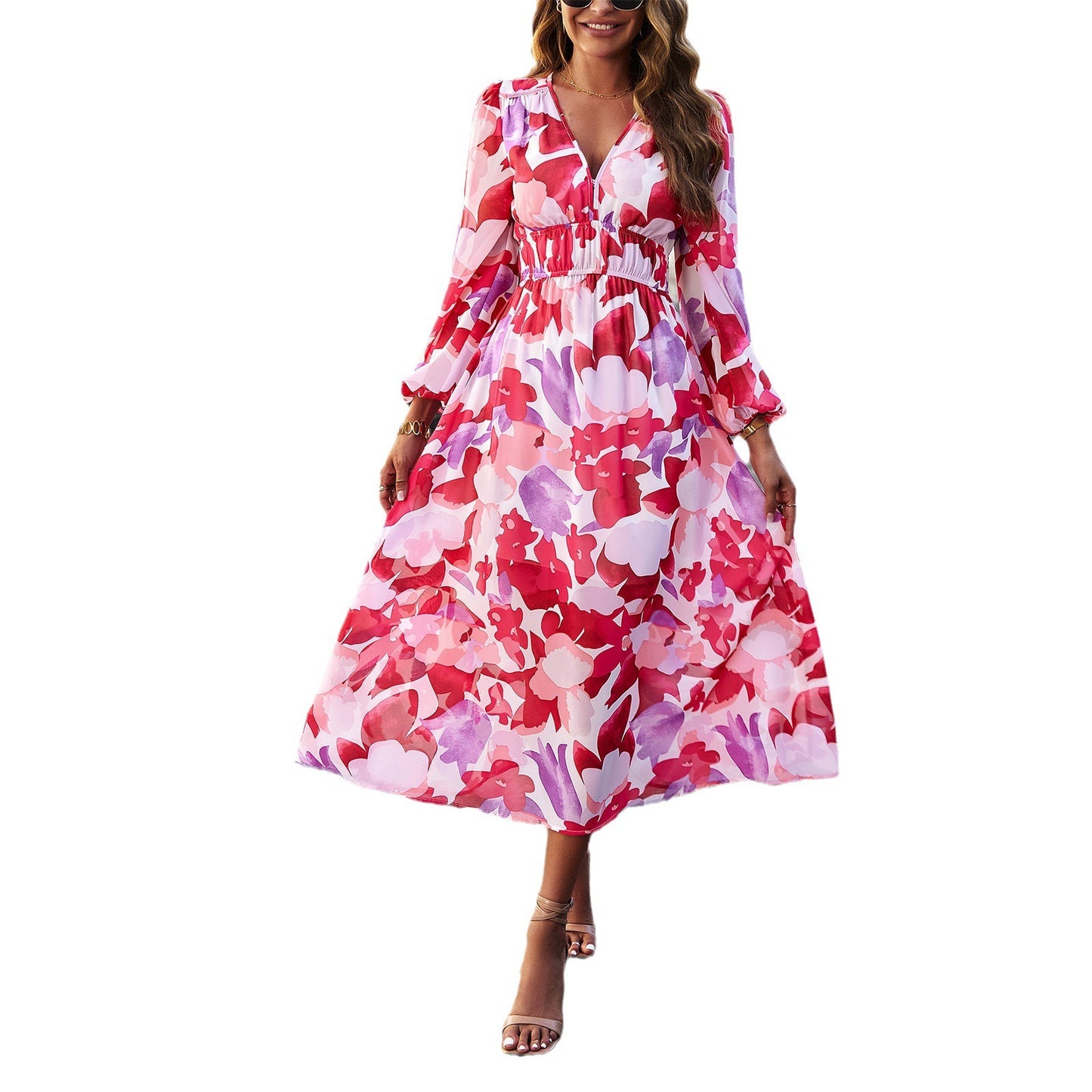 Aruna | Boho Floral Print Chiffon Midi Dress – Holiday A-Line Style
