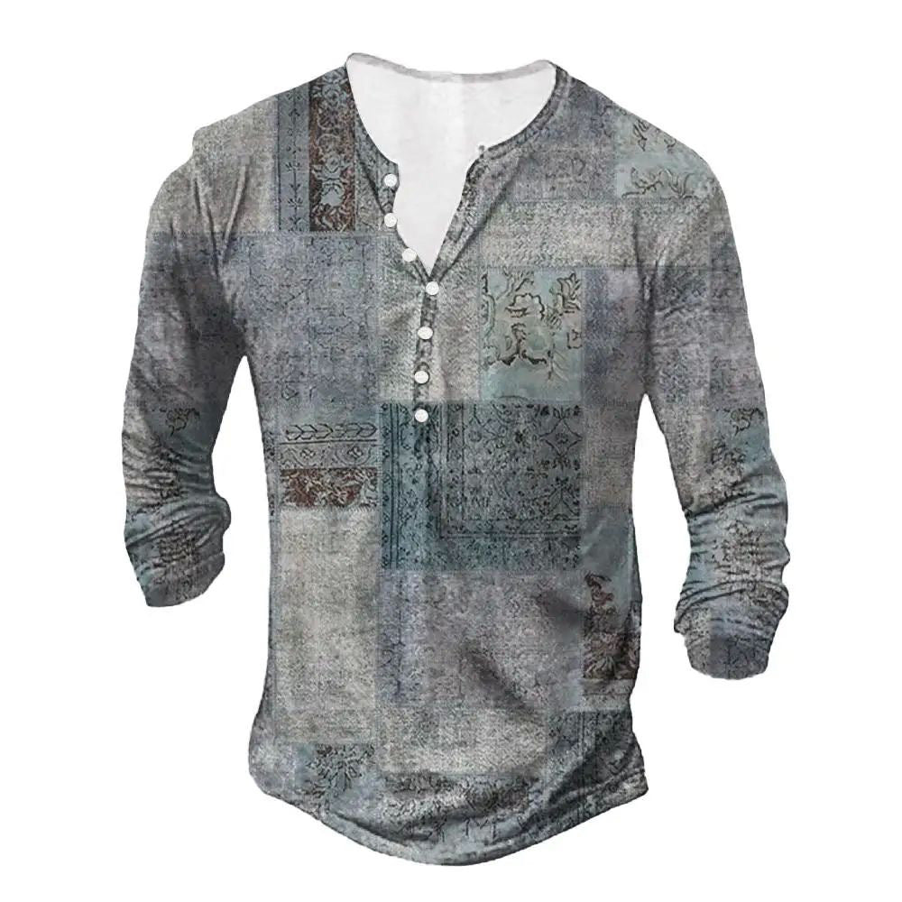 Men’s 3D Patchwork Print Long Sleeve Shirt with Buttoned Placket