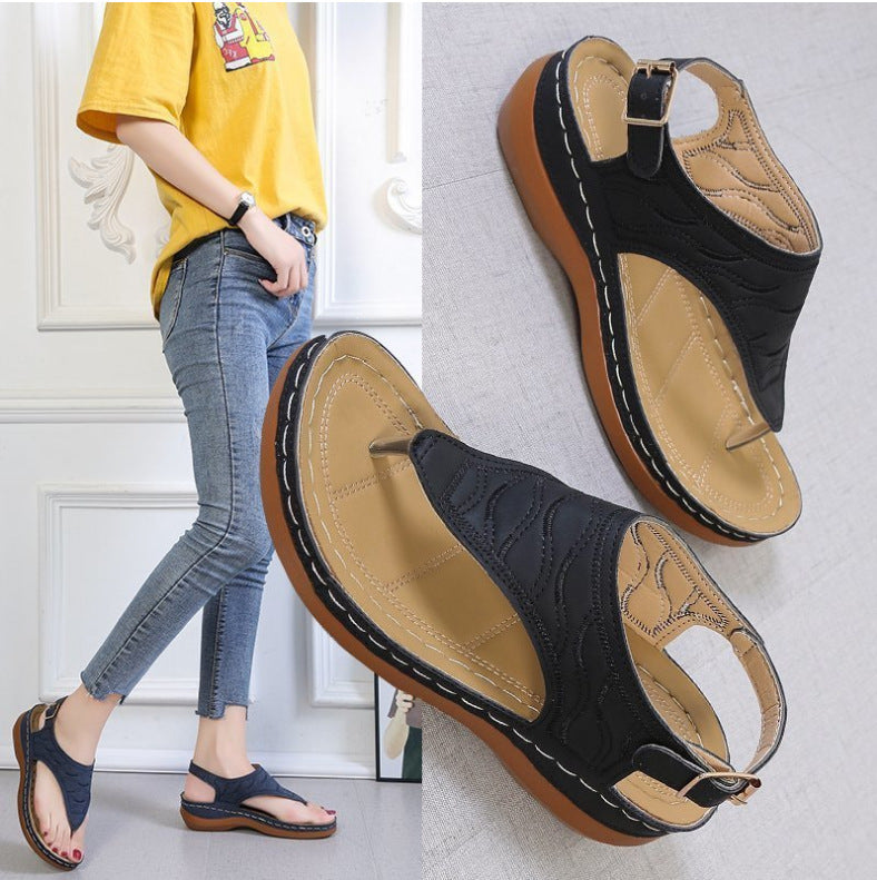 Women's Cowhide Roman Sandals – T-Strap Buckle & Wedge Comfort