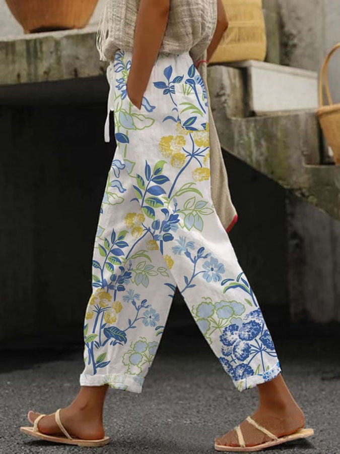 Floral Print Ankle-Length Casual Trousers for Women – All Seasons