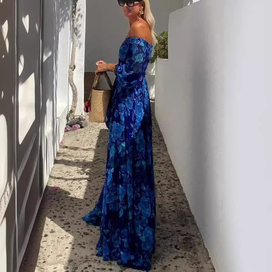 Ruth | Elegant Blue Off-Shoulder Lantern Sleeve Swing Dress