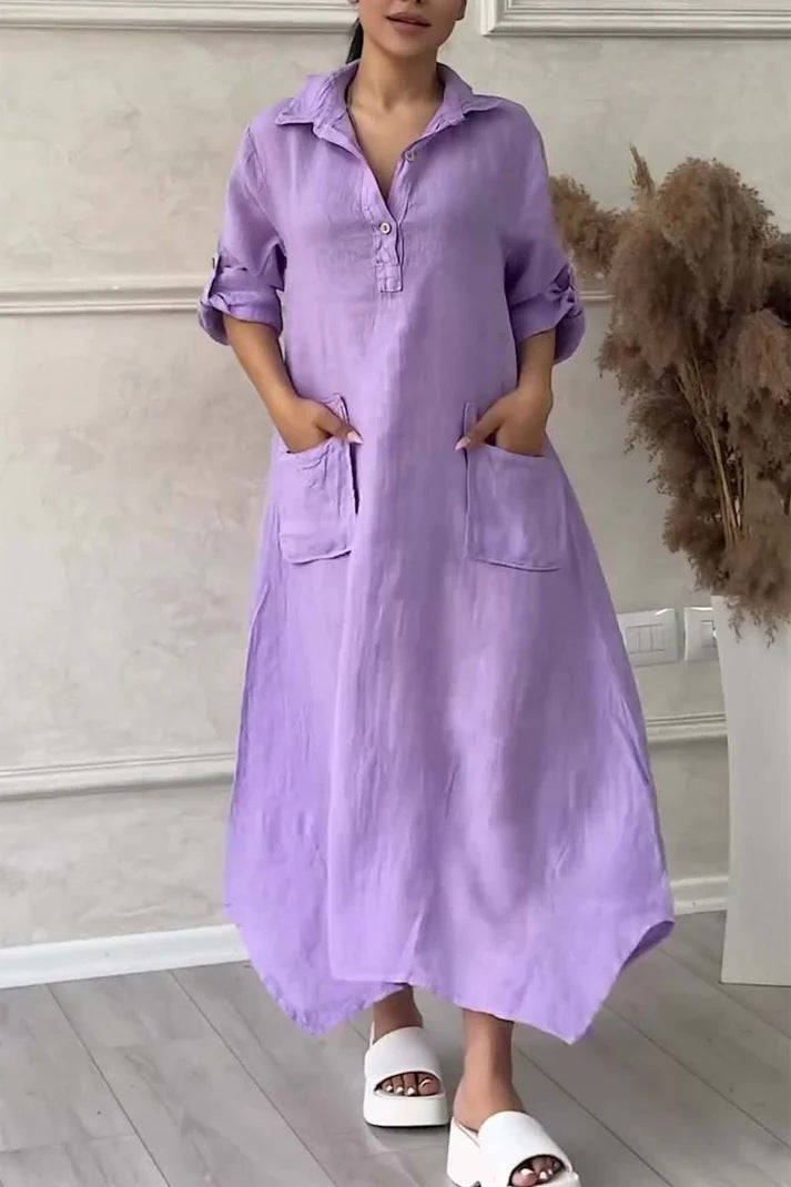 Annelin | Cotton Linen Polo Collar Pocket Dress for Women