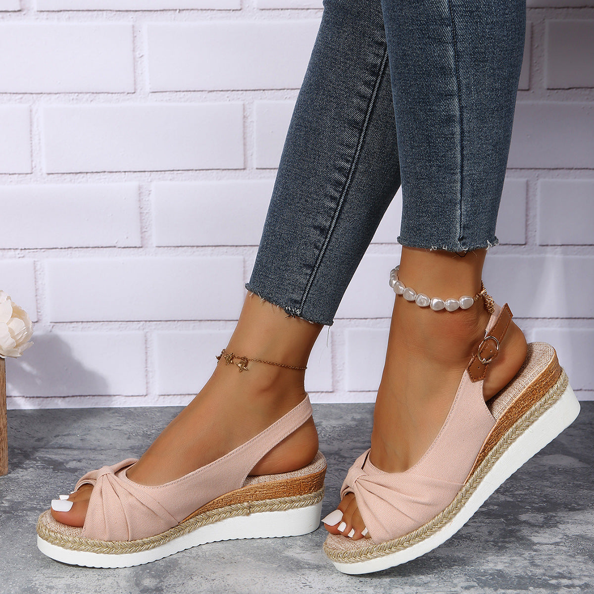 Women’s Bow Wedge Sandals – Hemp Rope Sole & Peep Toe