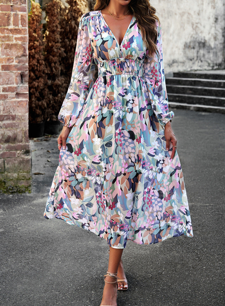 Aruna | Boho Floral Print Chiffon Midi Dress – Holiday A-Line Style