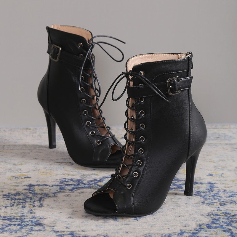 Women's Black Lace-Up Peep Toe Stiletto Heels with Buckle