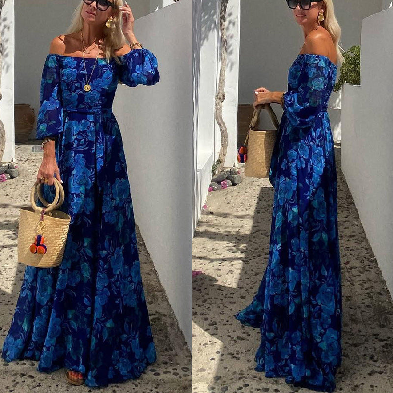 Ruth | Elegant Blue Off-Shoulder Lantern Sleeve Swing Dress