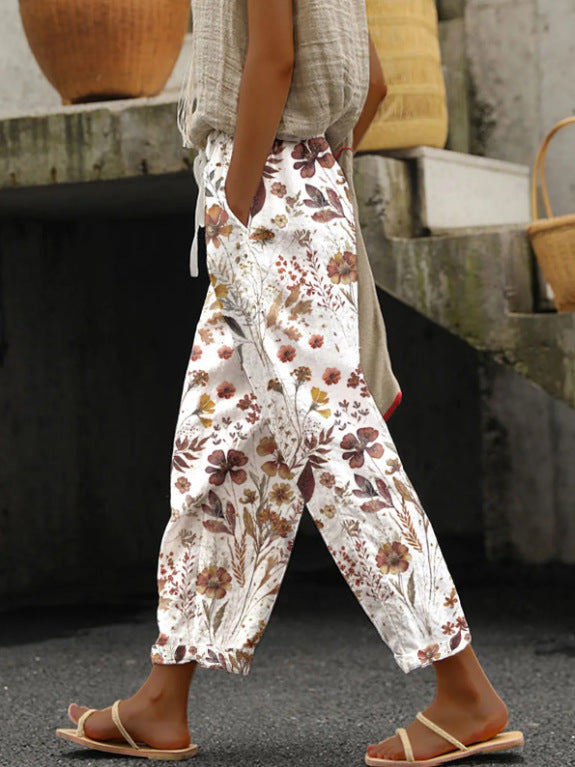 Floral Print Ankle-Length Casual Trousers for Women – All Seasons