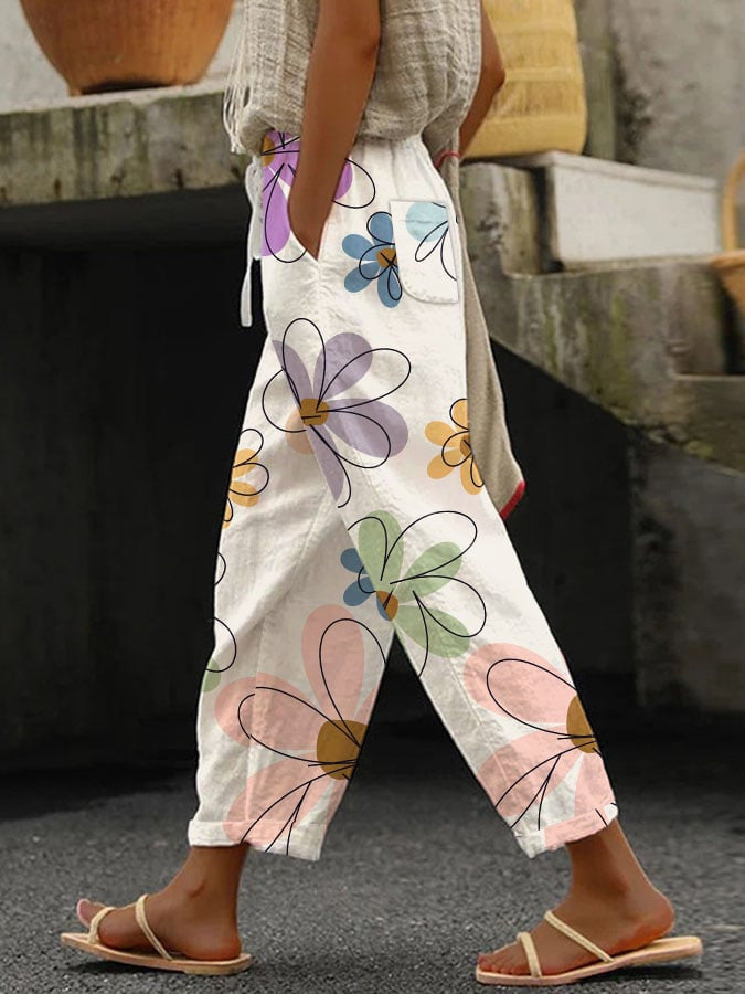 Floral Print Ankle-Length Casual Trousers for Women – All Seasons