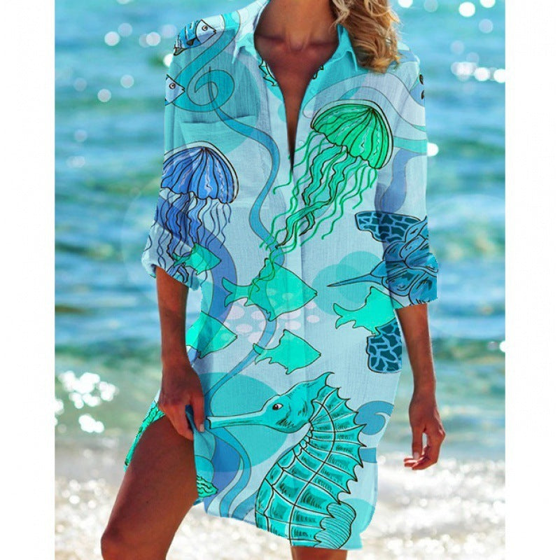 Women's Fashion Simple Printed Bikini Coat Shirt