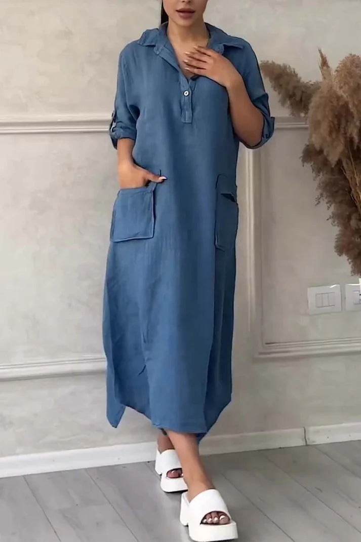 Annelin | Cotton Linen Polo Collar Pocket Dress for Women