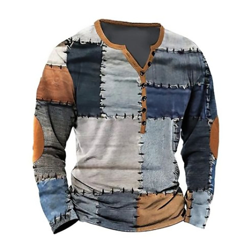Men’s 3D Patchwork Print Long Sleeve Shirt with Buttoned Placket