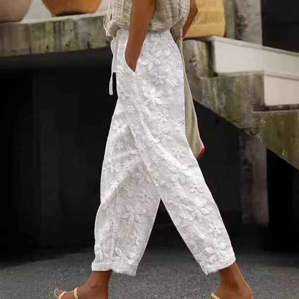 White Embroidered Cropped Pants with Pockets & Elastic Waist for Women