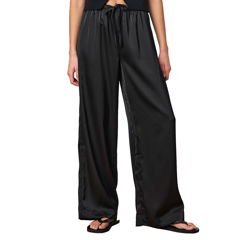 Women's Black Wide-Leg Trousers with Drawstring | Mid Waist Fit