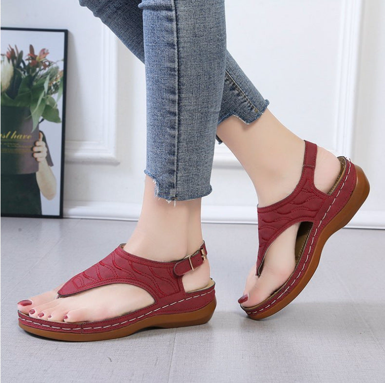 Women's Cowhide Roman Sandals – T-Strap Buckle & Wedge Comfort