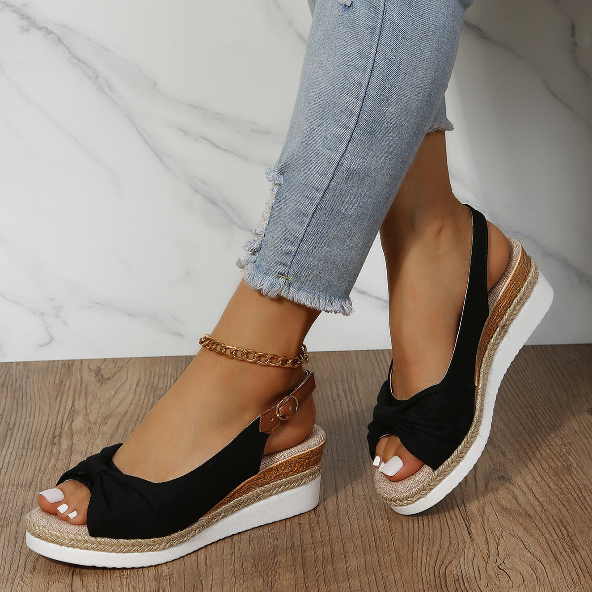 Women’s Bow Wedge Sandals – Hemp Rope Sole & Peep Toe