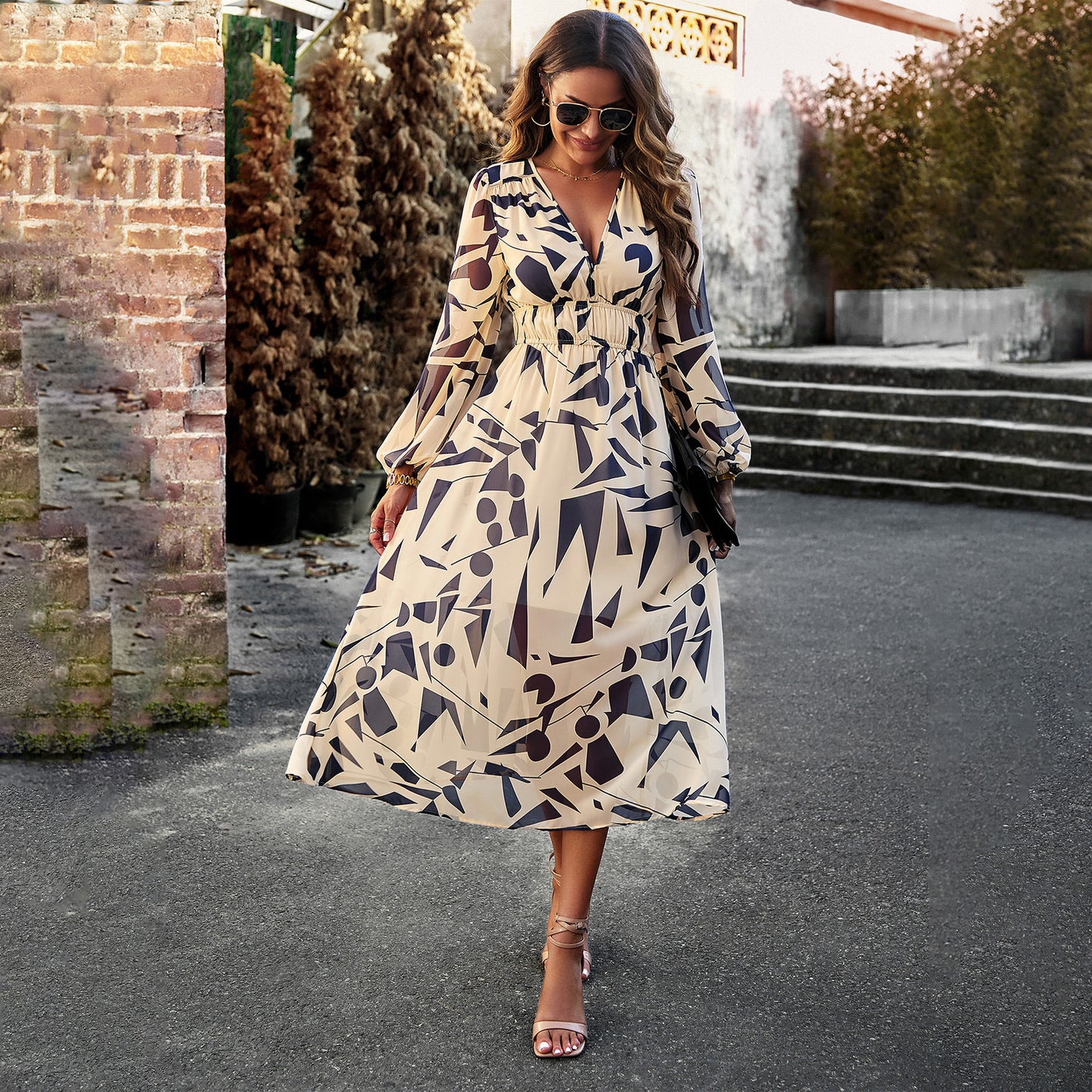 Aruna | Boho Floral Print Chiffon Midi Dress – Holiday A-Line Style
