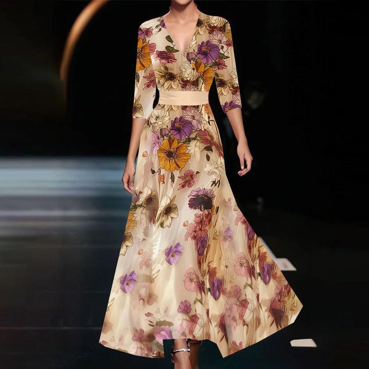 Victoria | Floral V-Neck Long Dress for Women