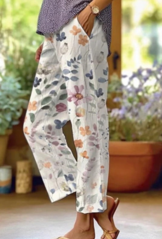 Women's Elegant Floral Print Full-Length Polyester Trousers