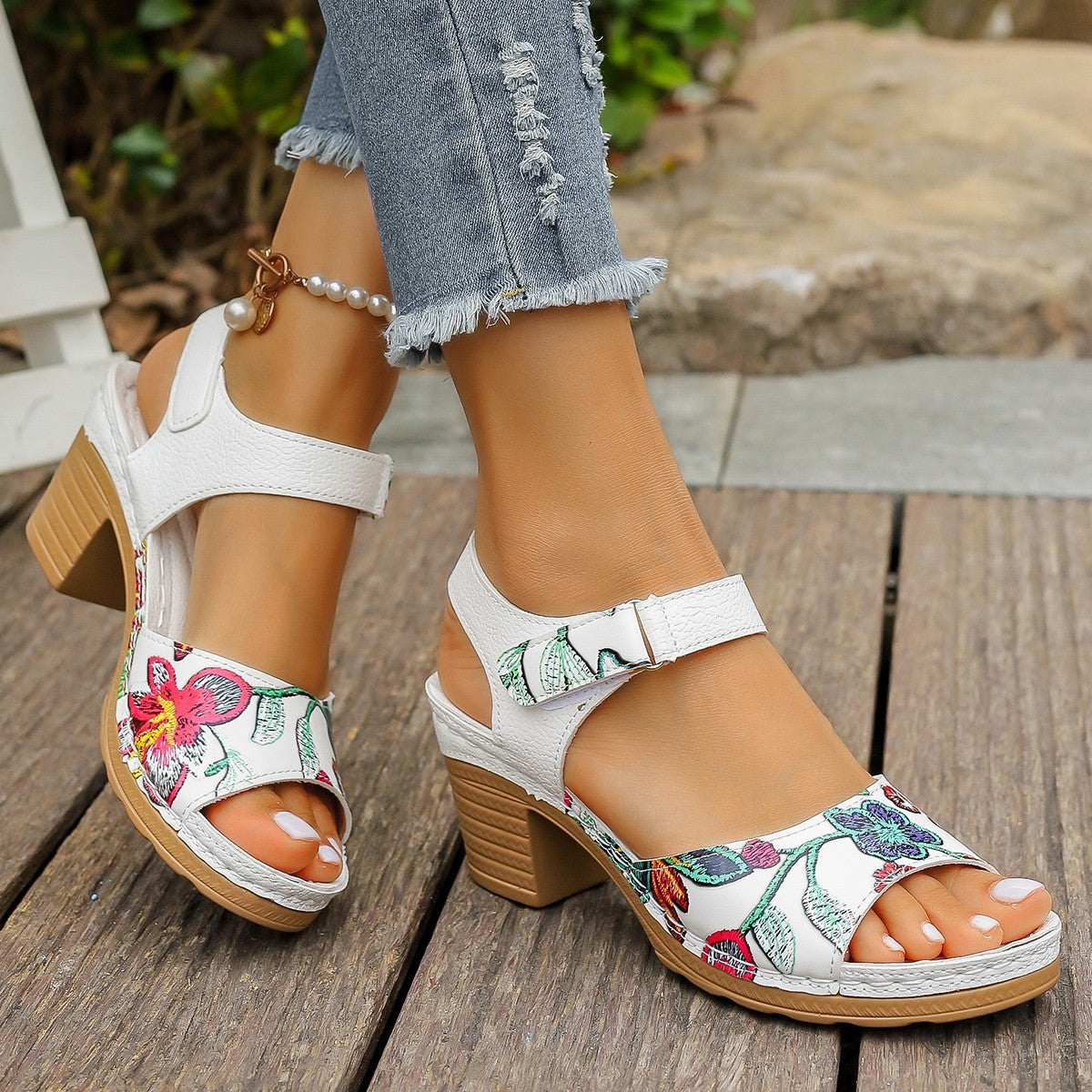 Women's Floral High Heel Velcro Sandals – Casual PU Comfort