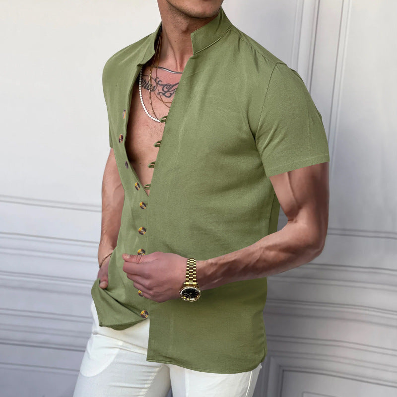 Luca | Linen Stand Collar Short Sleeve Shirt