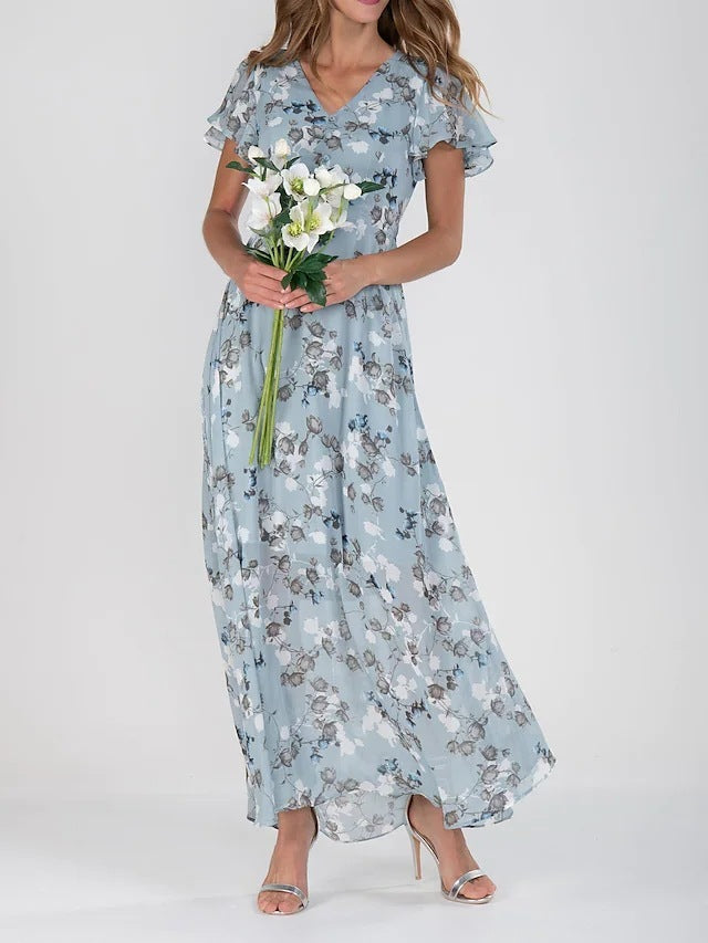 Xanthe | Floral Ruffle V-Neck A-Line Dress – Summer Beach Style