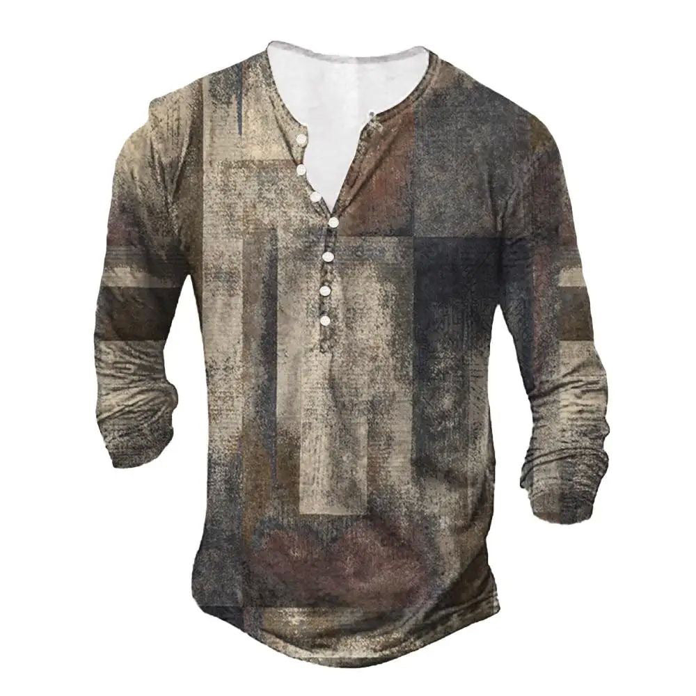 Men’s 3D Patchwork Print Long Sleeve Shirt with Buttoned Placket