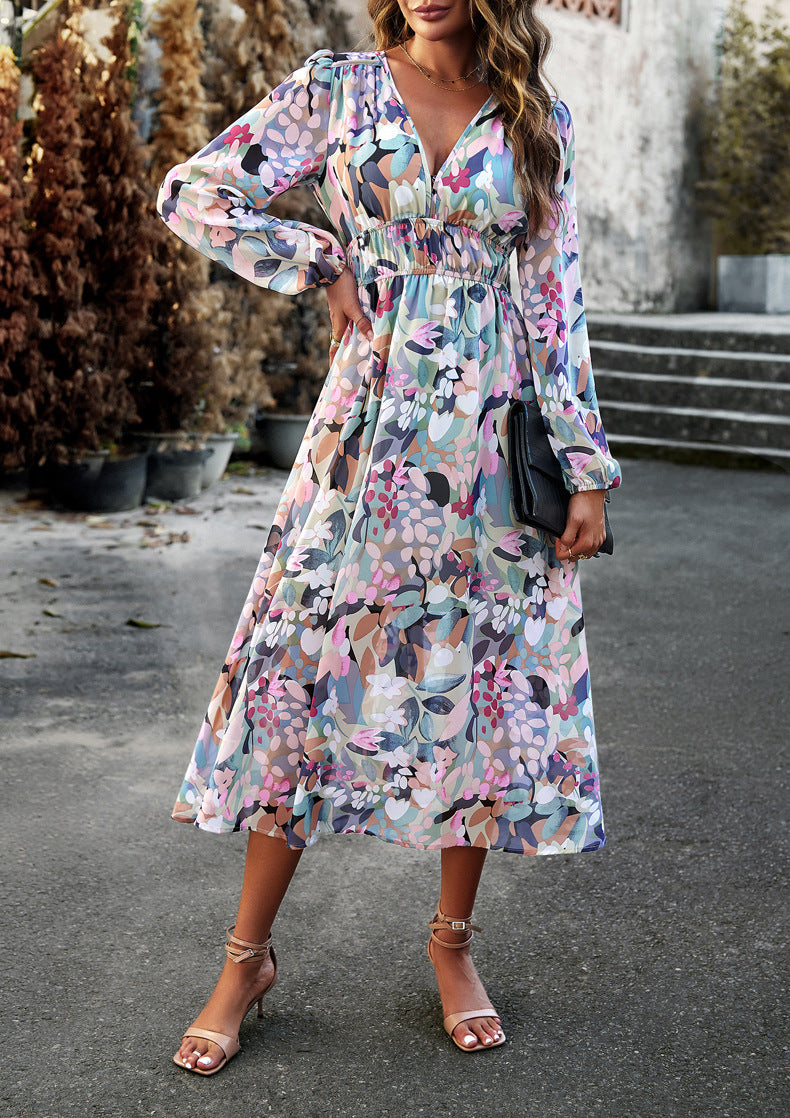 Aruna | Boho Floral Print Chiffon Midi Dress – Holiday A-Line Style
