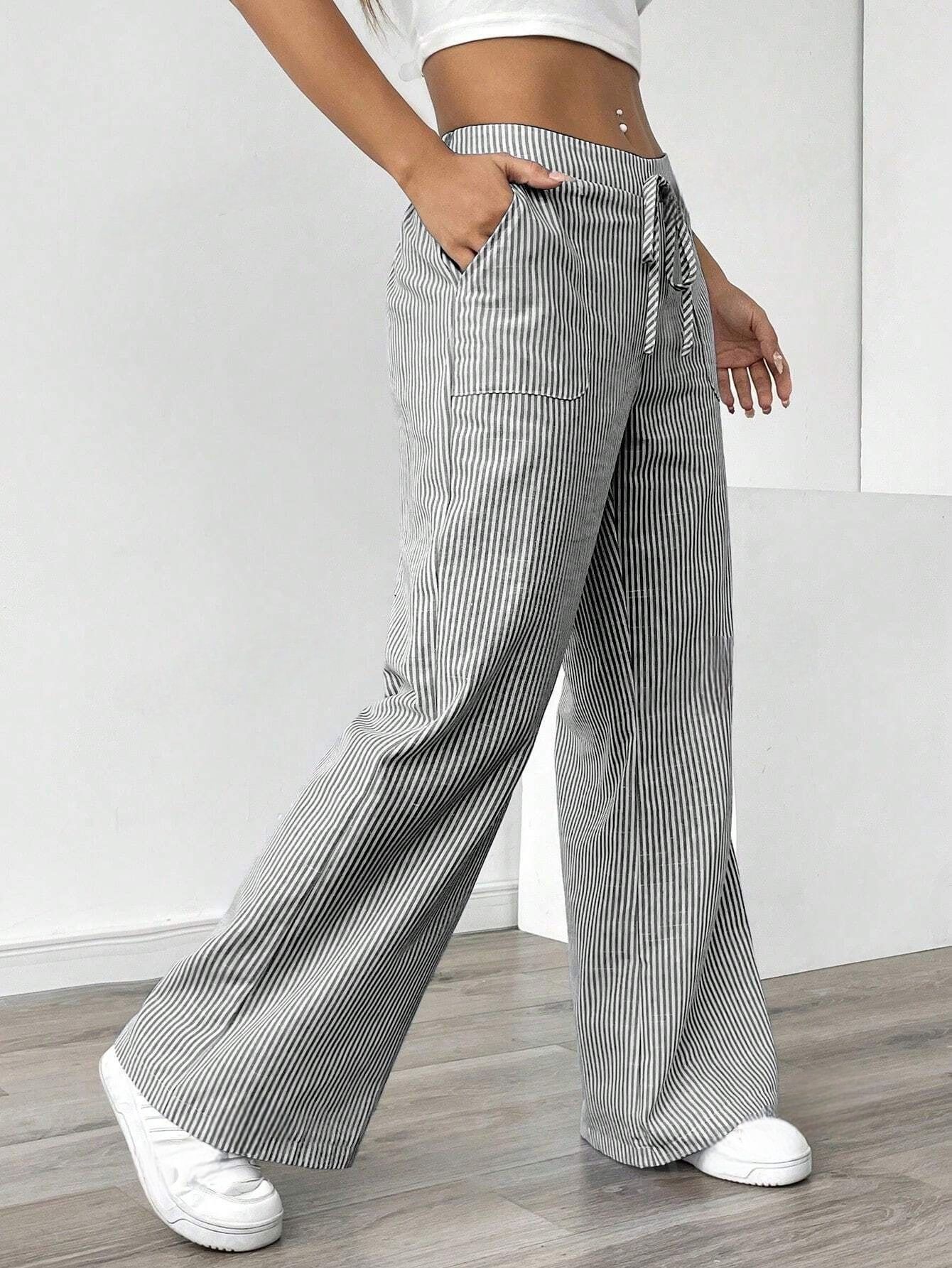 Women's Wide Leg Striped Pants with Pockets – Casual Loose Fit