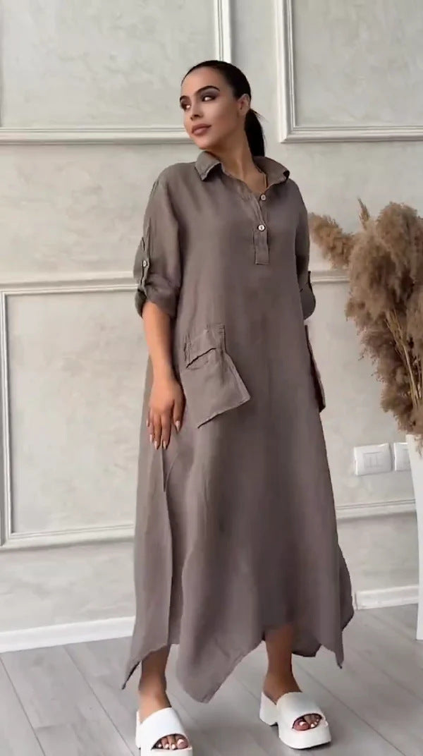 Annelin | Cotton Linen Polo Collar Pocket Dress for Women