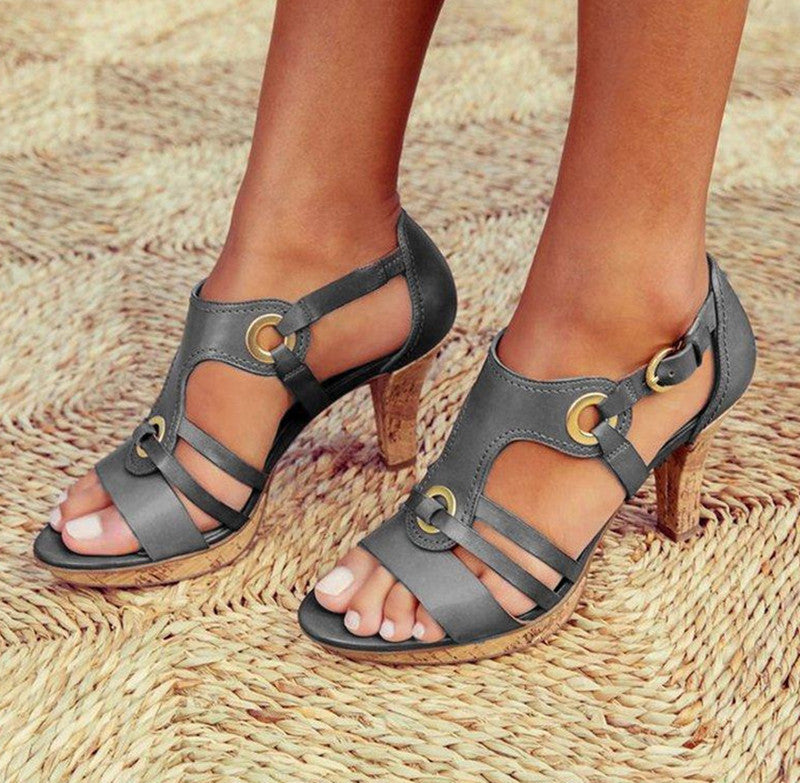 Women's Leather Strappy Heeled Sandals – Buckle