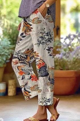 Women's Elegant Floral Print Full-Length Polyester Trousers