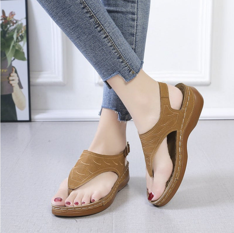 Women's Cowhide Roman Sandals – T-Strap Buckle & Wedge Comfort