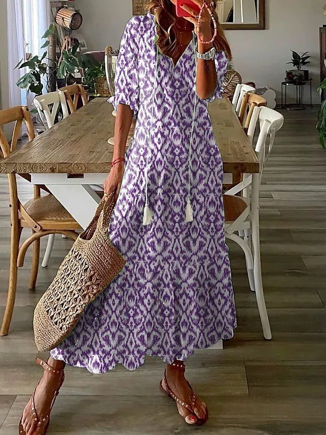Azure | V-Neck Printed Summer Dress for Women