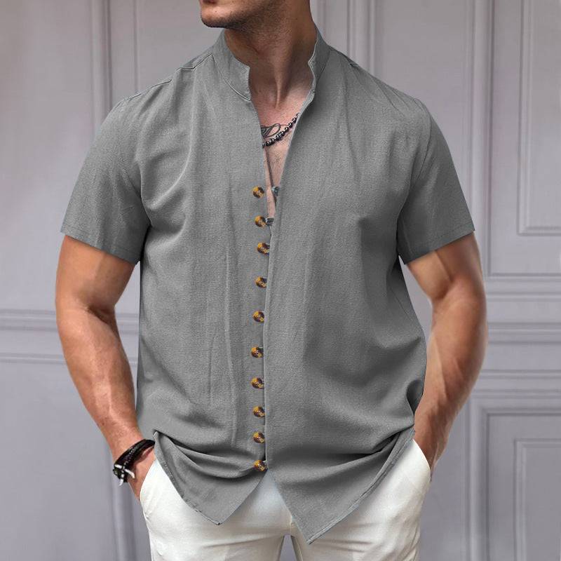 Luca | Linen Stand Collar Short Sleeve Shirt