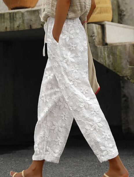 White Embroidered Cropped Pants with Pockets & Elastic Waist for Women
