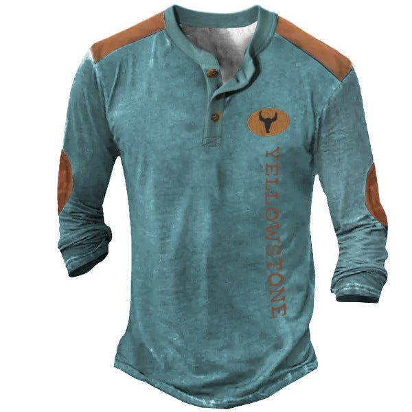 Men’s Long Sleeve Henley T-Shirt – Polyester Casual Patch Tee