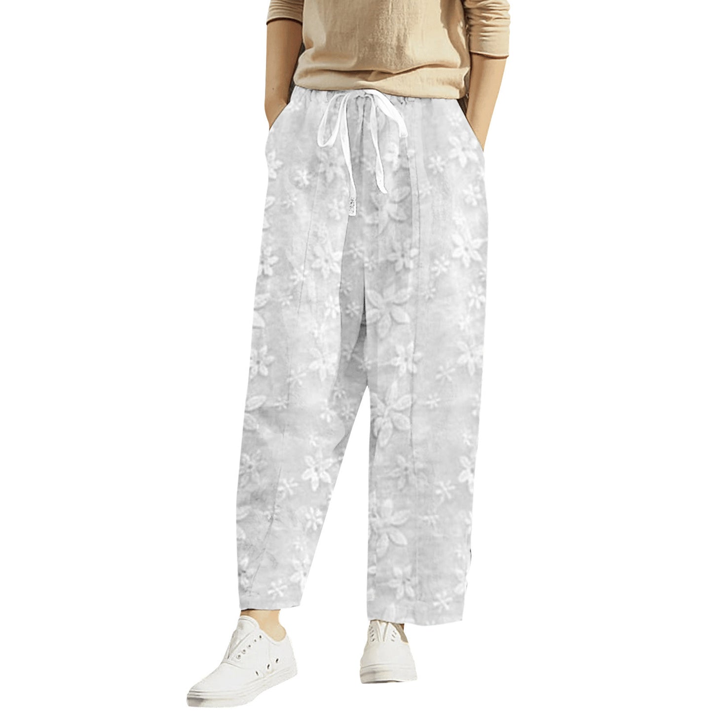White Embroidered Cropped Pants with Pockets & Elastic Waist for Women