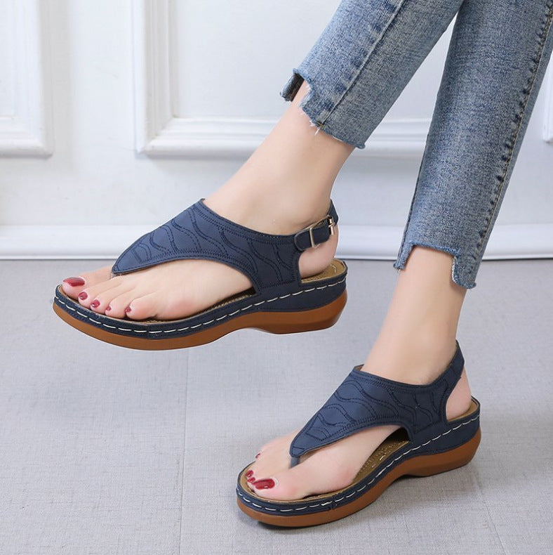 Women's Cowhide Roman Sandals – T-Strap Buckle & Wedge Comfort