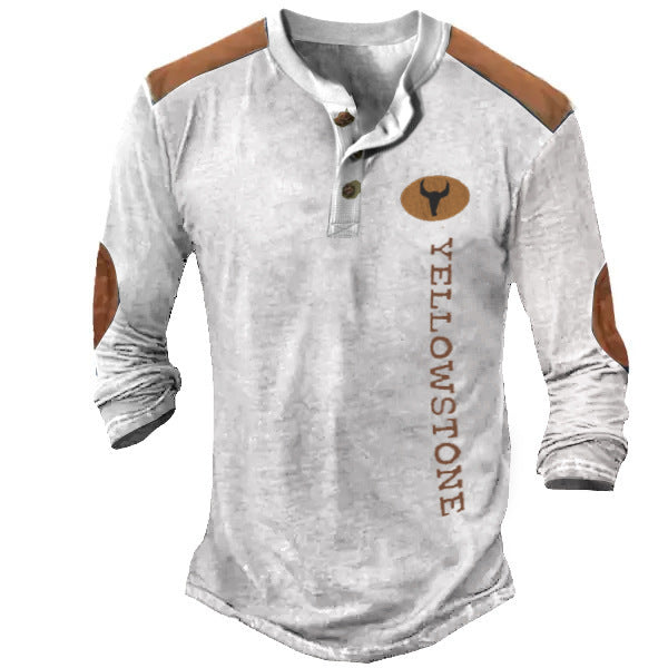 Men’s Long Sleeve Henley T-Shirt – Polyester Casual Patch Tee